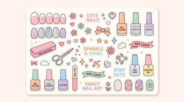 A collection of cute pastel-colored nail art elements, including polish bottles, tools, decorated nails, and decorative stickers.