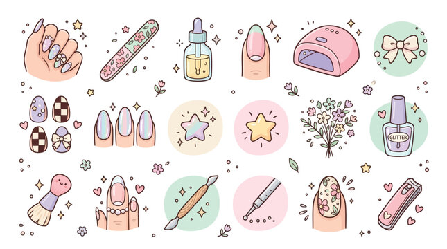 A collection of cute cartoon illustrations depicting various nail art and manicure tools and accessories in pastel colors.