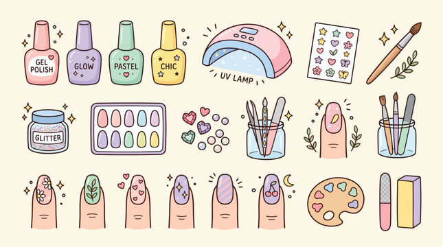 Cute pastel hand-drawn illustration set of various nail art tools, manicure supplies, and decorated fingernails.
