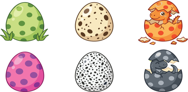 Cute Dinosaur Egg Illustration Set Featuring Colorful Spotted Eggs and Baby Dinos Hatching for Kids Birthday and Prehistoric Theme Designs
