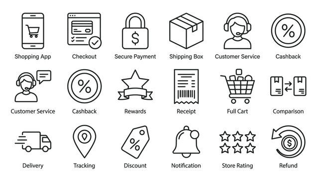 Collection of e-commerce and online shopping line icons depicting various services like delivery, payment, customer support, and product management.