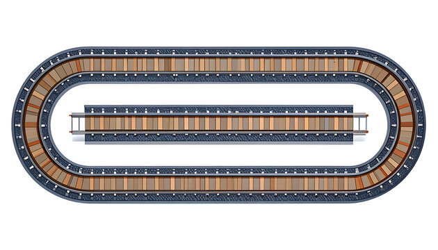 Top view of a circular train track with ballast and wooden sleepers, isolated on white, suitable for logistics or transportation concepts