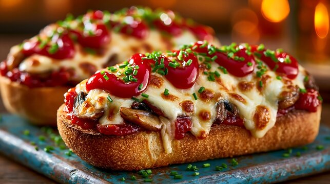 Zapiekanka pizza with melted cheese mushrooms and ketchup on rustic bo