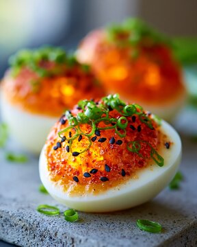 Ajitsuke tamago egg food with spicy chili oil and scallions