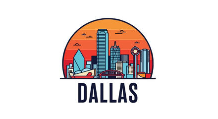 Fototapeta premium Stylized illustration of a vibrant Dallas city skyline at sunset with iconic buildings and futuristic design elements
