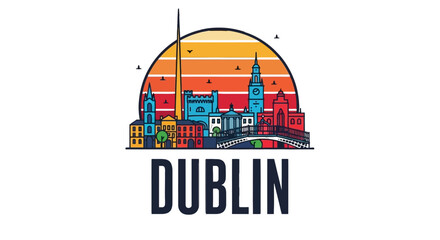 Obraz premium Vibrant artistic representation of dublin skyline with colorful sunset backdrop capturing urban charm and historic architecture
