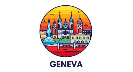Fototapeta premium Colorful stylized skyline illustration of Geneva cityscape featuring iconic buildings and vibrant sunset background with