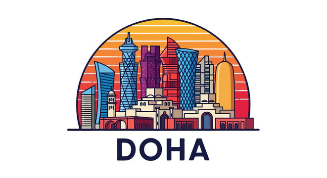 Vibrant abstract illustration of Doha's skyline with colorful buildings and warm sunset hues capturing urban diversity and