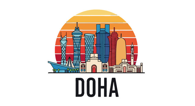 Vibrant Illustration of Doha Skyline with Modern Architecture and Sunlit Background