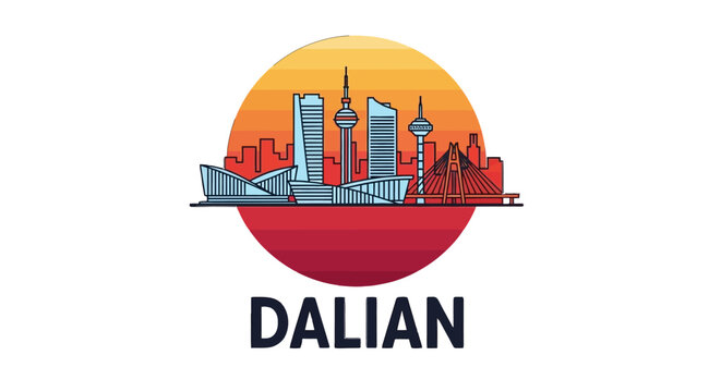 Stylized skyline illustration of Dalian city featuring iconic buildings with warm sunset background