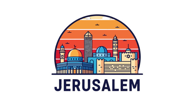 Stylized Illustration of Jerusalem Skyline with Iconic Landmarks and Sunset Sky
