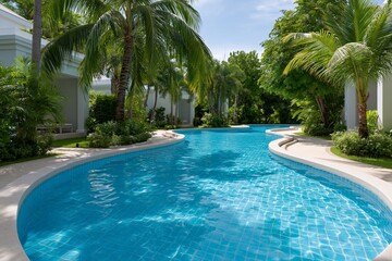 Plakat Crystal-clear pool curves through lush tropical greenery