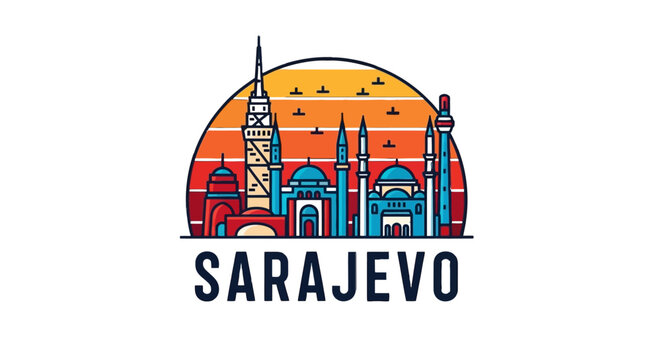 Minimalist Illustration of Sarajevo Skyline with Iconic Landmarks and Bright Sunset Background in a Modern Art Style