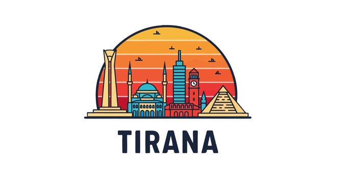 Stylized illustration of Tirana skyline showcasing iconic buildings and monuments against a vibrant sunset background for travel