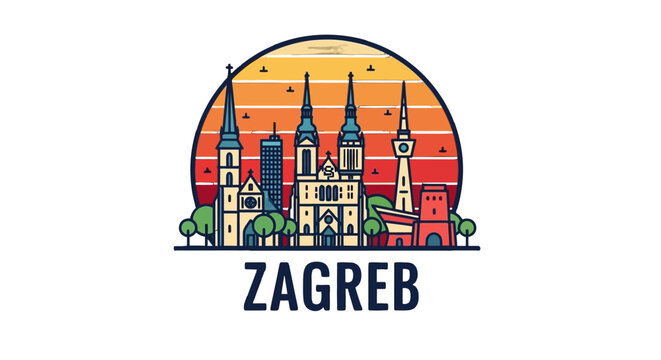 Stylized digital illustration of Zagreb?s iconic skyline with colorful sunset background capturing architectural beauty