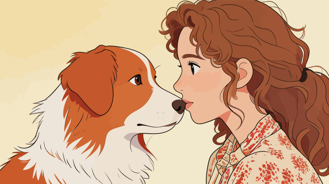 Warm intimate interaction between young woman and pet collie dog