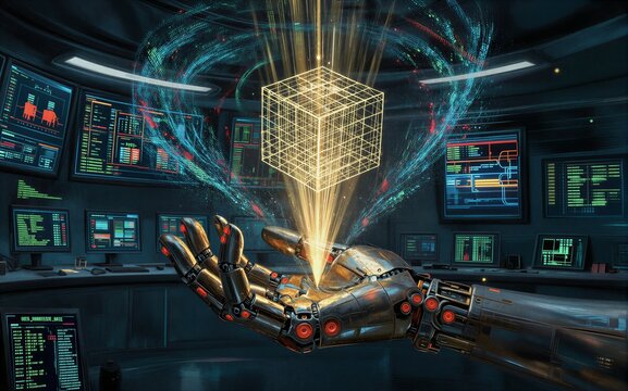 Robotic hand holds glowing cube in futuristic control room filled
