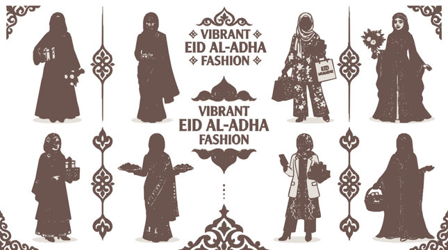 Vibrant flat vector illustration of muslim women in traditional eid al adha attire with ornate patterns and designs