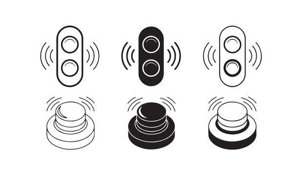 Set of alarm buzzer and push button icons with signal waves for notifications alerts.