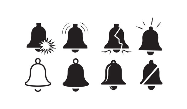 Notification bell icon collection showing alert silence ringing and broken alarm symbols.