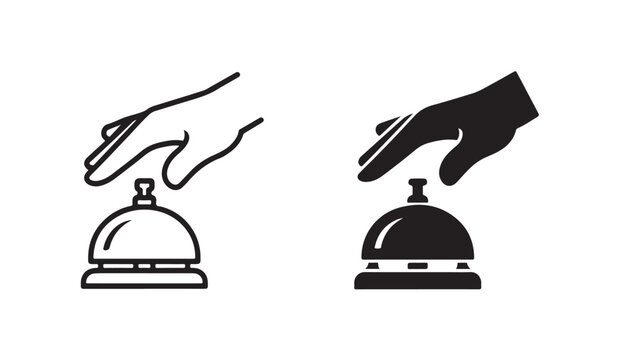 Hand pressing service bell icon for hotel reception desk calling for customer assistance.