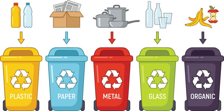 Waste Management and Garbage Segregation Set Featuring Colorful Bins for Plastic Paper Metal Glass and Organic Recycling Educational Illustration