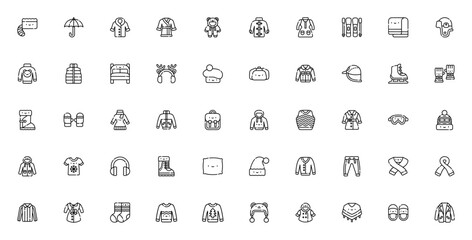Winter Clothes icon set. Cozy winter accessories pack. Minimalist vector icons. Featuring coat, hat, sweater, scarf, gloves, boots, jacket, snow, earmuffs, blanket, and more. © wang