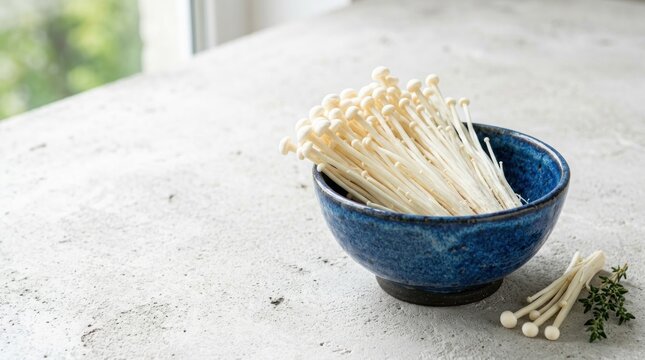 Fresh enoki mushrooms in blue ceramic bowl on light concrete background