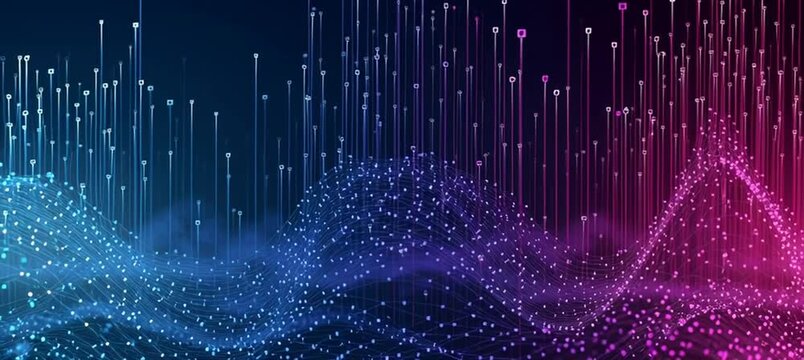 a vibrant digital illustration showcasing a dark blue to deep indigo background an intricate network of glowing, interconnected lines and small square nodes that form flowing, wavelike  Generative AI