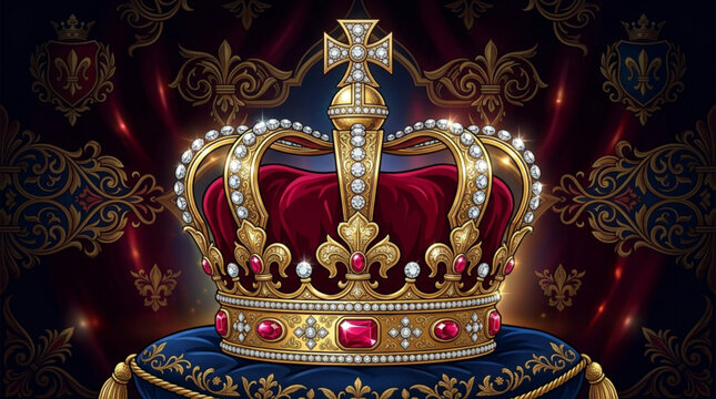 Luxurious gold crown with red velvet and precious gems on blue pedestal with ornate dark background