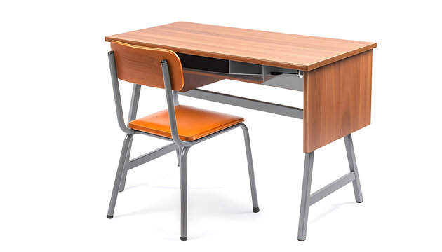 Wooden school desk with orange chair and metal legs isolated on white background, simple classroom furniture