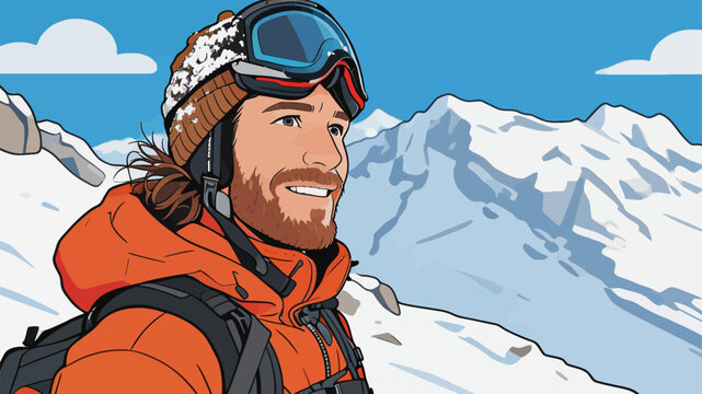A Male Mountaineer Posing on Snow Covered Mountain Peak