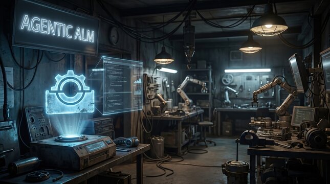 Futuristic Workshop with Holographic Display and Robotic Arms - Innovation and Technology Concept
