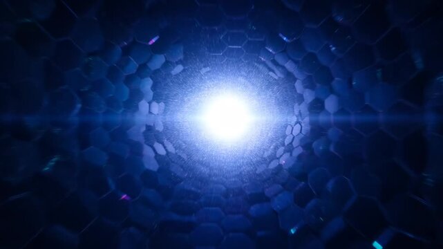 Futuristic tunnel with hexagonal pattern and vibrant neon light beams