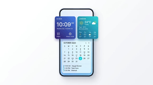 A smartphone with a modern ui and ios style interface featuring a sleek digital dashboard, app icons, and a soft gradient background, showcasing a futuristic design with a clean layout and