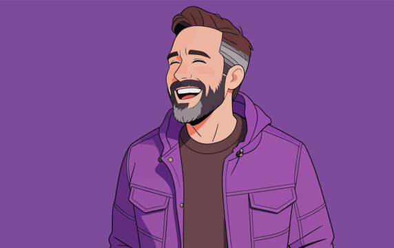 Joyful bearded middle-aged man laughing in casual purple outfit