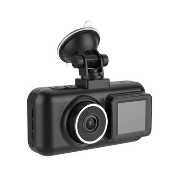 Black car dash camera with suction cup mount on transparent background