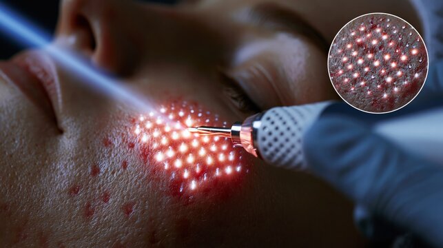 Fractional laser acne scar resurfacing treatment clinical promo. A laser handpiece creates a precise dot matrix pattern of micro ablation points on acne scarred cheek skin.