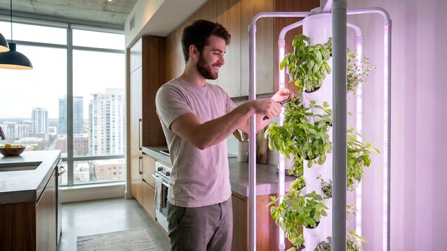 Man tending to indoor vertical garden in modern kitchen