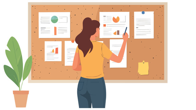 Young woman pinning and organizing business charts and documents on a cork bulletin board in an office. Flat design vector illustration.