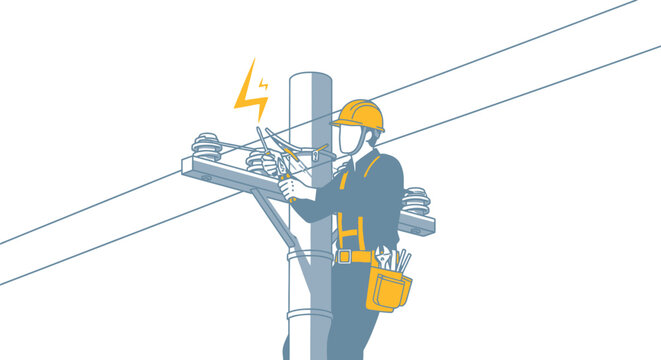 Skilled utility worker wearing safety gear carefully repairs sparking electrical lines high upon a tall wooden utility pole structure.