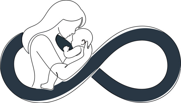 A beautiful minimalist line art illustration showing a loving mother holding her newborn baby, symbolizing the eternal bond and unconditional love within an infinity symbol.