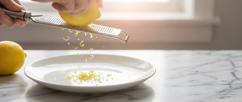 Minimalist food prep with single lemon zest on marble countertop