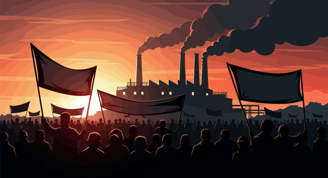 Silhouette illustration of a large protesting crowd holding flags against an industrial factory background during a dramatic orange and red sunset.