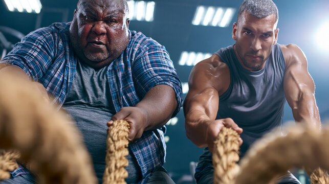 Gym fitness comparison of an overweight man and an athletic man performing battle rope wave slams side by side.
