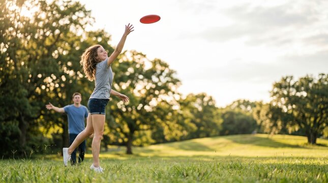 Young Caucasian Woman Throwing Red Frisbee in Sunny Park with Friend