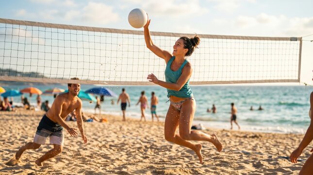 Young athletic woman spiking volleyball over net during beach game with friends at sunset