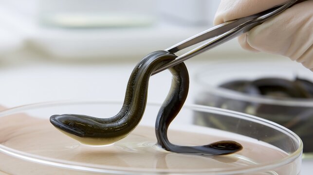 Medicinal leech clinical therapy handling procedure for vascular or post-surgical treatment. A clinician uses forceps to lift a live medicinal leech.