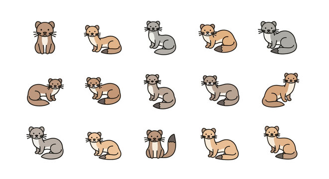 Cartoon weasels in various poses and colors on white background