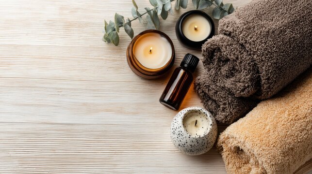 Beautiful spa treatment composition such as Towels, candles, essential oils, Massage Stones on light wooden background. blur living room, natural creams and moisturizing Healthy lifestyle, body care